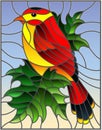 Stained glass illustration with a beautiful red bird on a background of branch of maple tree and sky