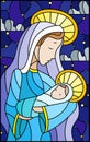 Stained glass illustration on biblical theme, Jesus baby with Mary , abstract figures on starry sky background with clouds, rectan