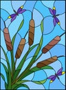 Stained glass illustration with bouquet of bulrush and dragonflies on a sky background