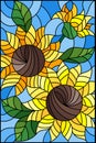 Stained glass illustration with a bouquet of sunflowers, flowers,buds and leaves of the flower on blue background Royalty Free Stock Photo