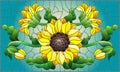 Stained glass illustration with a bouquet of sunflowers, flowers,buds and leaves of the flower on blue background Royalty Free Stock Photo