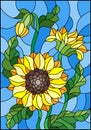 Stained glass illustration with a bouquet of sunflowers, flowers,buds and leaves of the flower on blue background Royalty Free Stock Photo