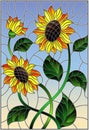 Stained glass illustration with a bouquet of sunflowers, flowers,buds and leaves of the flower on blue background Royalty Free Stock Photo