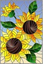 Stained glass illustration with a bouquet of sunflowers, flowers,buds and leaves of the flower on sky background Royalty Free Stock Photo