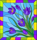 Stained glass illustration with bouquet of violet crocuses on a blue background in the frame