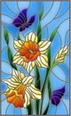 Stained glass illustration with a bouquet of yellow daffodils and blue butterflies on a blue background