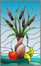 Stained glass illustration with bouquets of bulrush in a brown vase , pears and apples on table on blue background Royalty Free Stock Photo