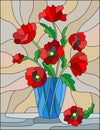 Stained glass illustration with bouquets of red poppies flowers in a blue vase on table on beige background Royalty Free Stock Photo