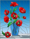 Stained glass illustration with bouquets of red poppies flowers in a blue vase on table on a blue background
