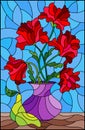 Stained glass illustration with  bouquets of red poppies flowers in a purple vase and pears on table on a blue background Royalty Free Stock Photo