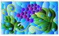 Stained glass illustration a branch of grapes, berries and leaves on a blue background Royalty Free Stock Photo