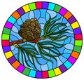 Stained glass illustration with a branch of larch, cone and needles on a branch on a blue background, oval image