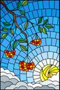 Stained glass illustration with a branch of mountain ash, clusters of berries and leaves against the sky with sun and clouds , ve Royalty Free Stock Photo