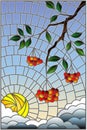 Stained glass illustration with a branch of mountain ash, clusters of berries and leaves against the sky with sun and clouds , ve Royalty Free Stock Photo