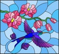 Stained glass illustration with a branch of pink Orchid and bright bird Hummingbird on a blue background