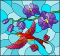 Stained glass illustration with a branch of purple Orchid and bright bird Hummingbird on a blue background