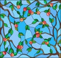 Stained glass illustration with the branches of Apple trees , the fruit branches and leaves against the sky