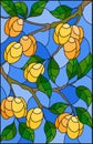 Stained glass illustration with the branches of apricot tree , the branches, leaves and fruits against the sky Royalty Free Stock Photo