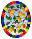 Stained glass illustration with branches, leaves and fruits of peaches, oval image in a bright frame Royalty Free Stock Photo