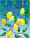 Stained glass illustration with the branches of lemon tree , the fruit branches and leaves against the sky Royalty Free Stock Photo