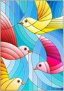 Stained glass illustration with bright abstract birds on a blue background