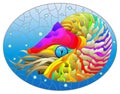 Stained glass illustration with a bright abstract nautilus on a background of water and air bubbles, oval image