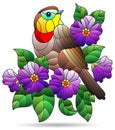 Stained glass illustration with a bright bird, purple flowers and leaves, isolated on a white background