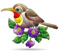 Stained glass illustration with a bright bird, purple flowers and leaves, isolated on a white background