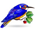 Stained glass illustration with a bright blue bird on a branch of a tree with berries, isolated on a white background