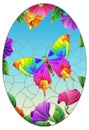 Stained glass illustration with  a bright butterfly on a background of flowers and sky, oval image in a bright frame Royalty Free Stock Photo