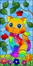 Stained glass illustration with bright cartoon cat against a blue sky and berryes, rectangular image