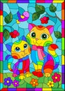 Illustration in the style of stained glass  with bright cartoon cats against a blue sky  and flowers, in a bright frame Royalty Free Stock Photo