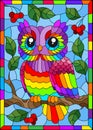 Illustration in the style of stained glass with bright cartoon owls against a blue sky and berryes, in a bright frame