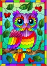 Stained glass illustration with bright cartoon owls against a blue sky and berryes, in a bright frame