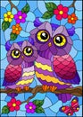 Stained glass illustration with bright cartoon owls against a blue sky and flowers, in a bright frame Royalty Free Stock Photo