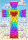 Stained glass illustration with a bright Christian cross on a background of sky and clouds, rectangular image