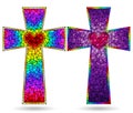 Stained glass illustration with bright Christian crosses, isolated on a white background