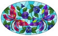 An stained glass illustration with bright dragonflies and flowers, oval image on a backgrund of blue sky Royalty Free Stock Photo