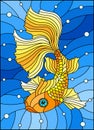 Stained glass illustration with bright gold fish on the background of water and air bubbles Royalty Free Stock Photo
