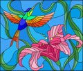 Stained glass illustration with bright Hummingbird against the sky, foliage and flower of Lily Royalty Free Stock Photo