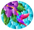 Stained glass illustration with a bright hummingbird bird and a hibiscus flower on a blue sky background Royalty Free Stock Photo