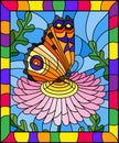 Stained glass illustration with a bright orange butterfly on a pink flower, rectangular image in a bright frame Royalty Free Stock Photo