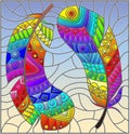 Stained glass illustration with bright patterned rainbow feathers on a blue sky background