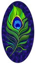 Illustration in the style of stained glass with a bright peacock feather on a dark blue background, oval image