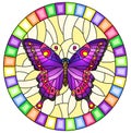 Stained glass illustration with bright purple  butterfly on a yellow background, oval picture  in a bright frame Royalty Free Stock Photo