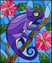 Stained glass illustration with bright purple chameleon on plant branches background with leaves and flowers on blue background Royalty Free Stock Photo