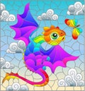 Illustration in the style of a stained glass window with bright rainbow cartoon dragon against a cloudy blue cloudy sky, rectan