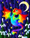 A stained glass illustration with bright rainbow cartoon dragon against a night blue and stars Royalty Free Stock Photo