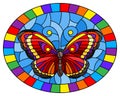 Stained glass illustration with bright red butterfly on a blue background, oval picture in a bright frame Royalty Free Stock Photo