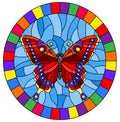 Stained glass illustration with bright red butterfly on a blue background, oval picture in a bright frame Royalty Free Stock Photo